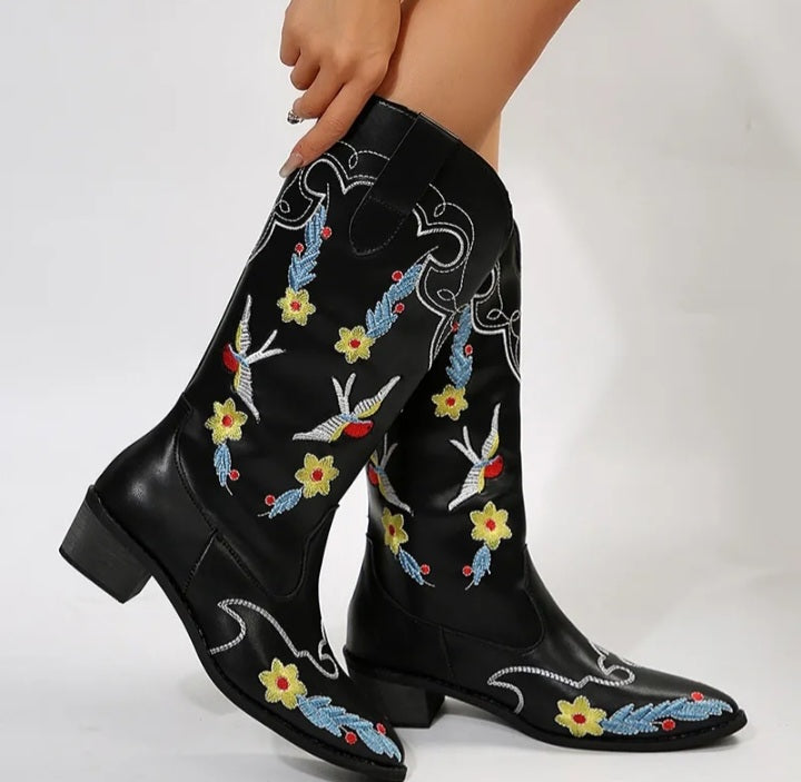 Flower Embossed Western Boots