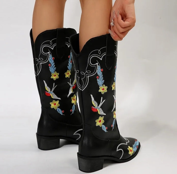 Flower Embossed Western Boots