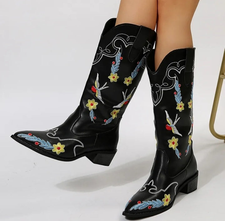 Flower Embossed Western Boots