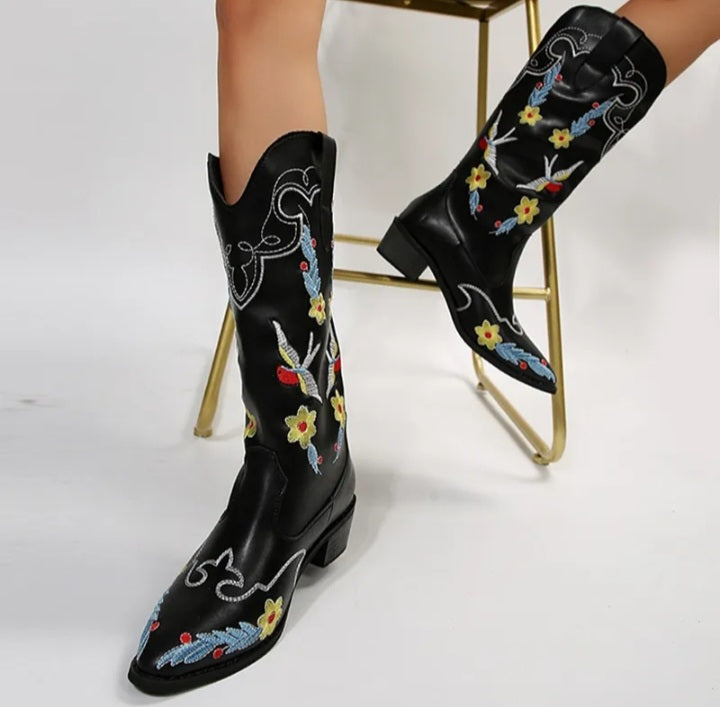 Flower Embossed Western Boots