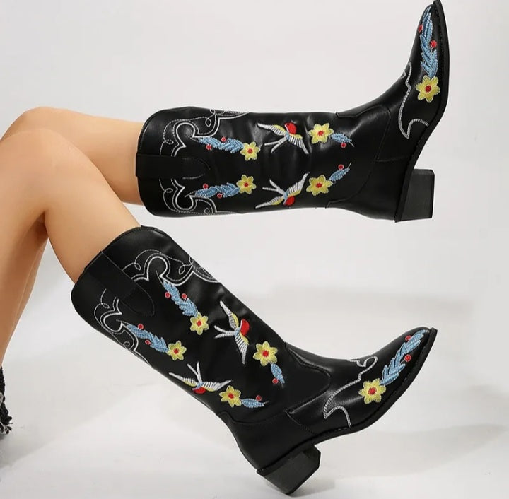 Flower Embossed Western Boots