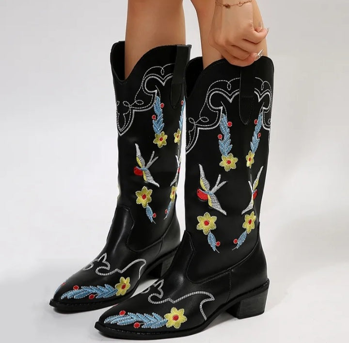 Flower Embossed Western Boots