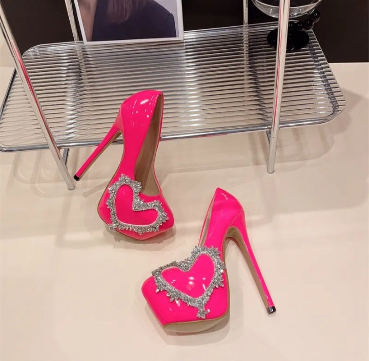 High Heel Rhinestone Heart Platform Stilettos