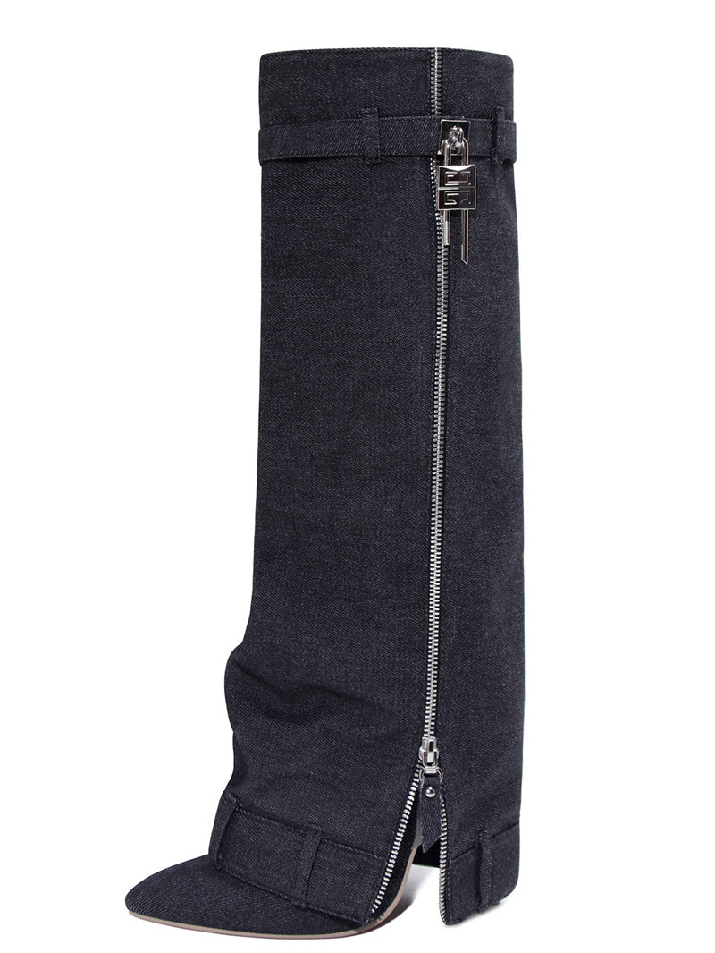 Women's Key Buckle Denim Boots