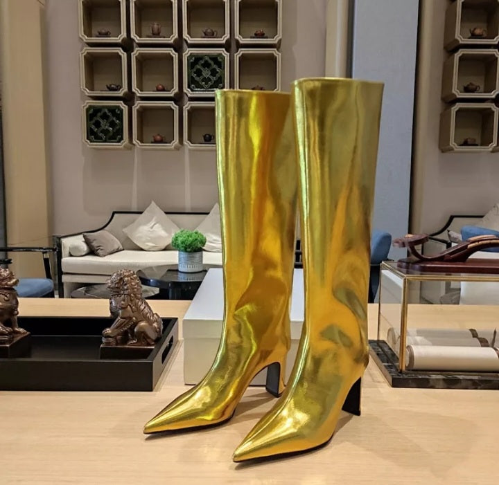 Women's Metallic Silver Boots Thick High Heel Knee High Fashion