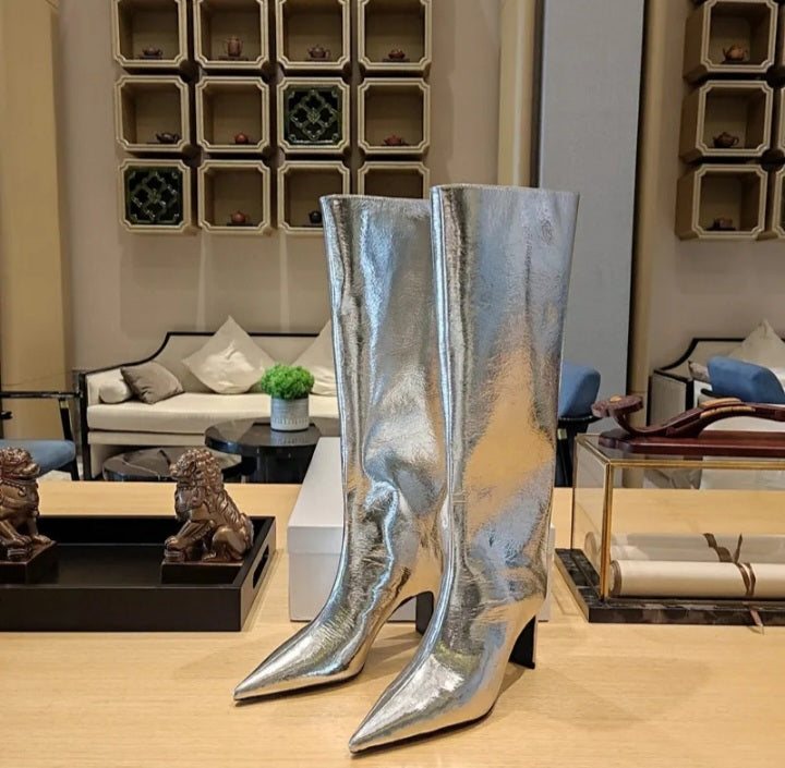 Women's Metallic Silver Boots Thick High Heel Knee High Fashion