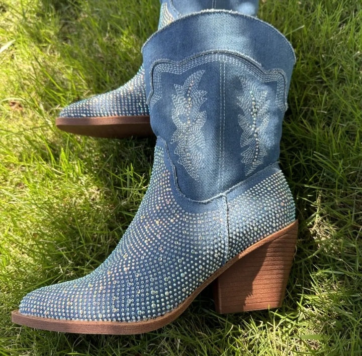 Women's Mid Calf Rhinestone Embossed Denim Cowgirl