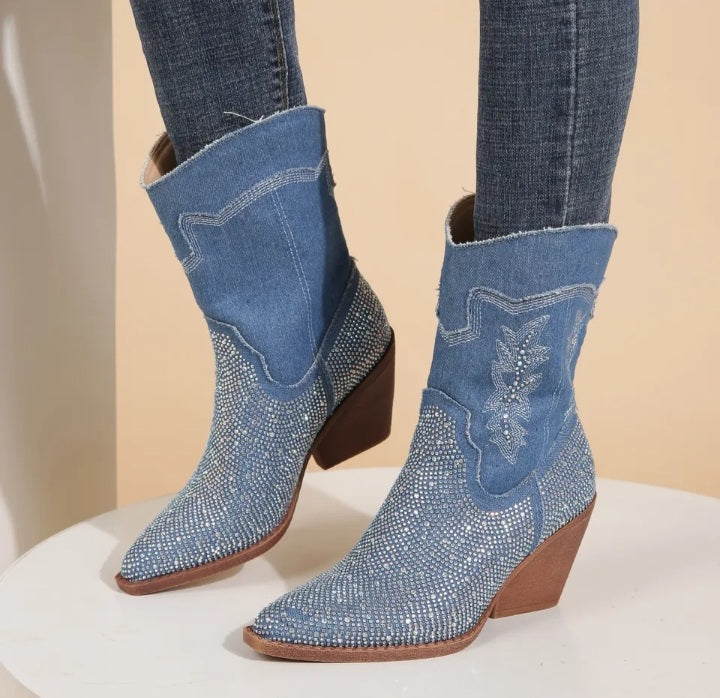 Women's Mid Calf Rhinestone Embossed Denim Cowgirl