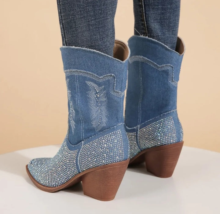 Women's Mid Calf Rhinestone Embossed Denim Cowgirl