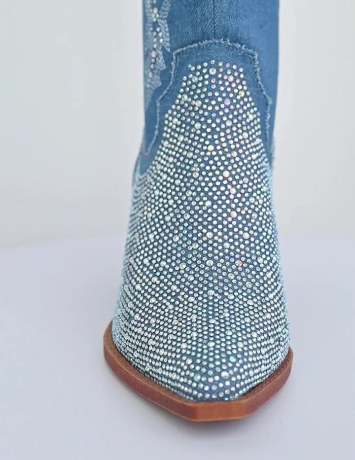 Women's Mid Calf Rhinestone Embossed Denim Cowgirl