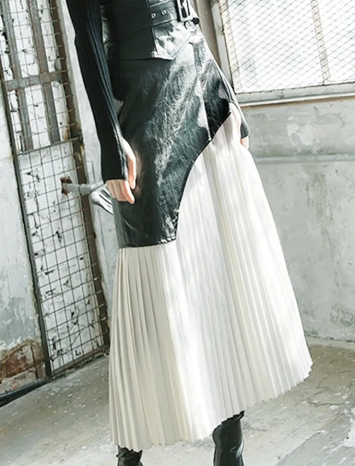 Pleated Patchwork Leather Midi High Waist Skirt