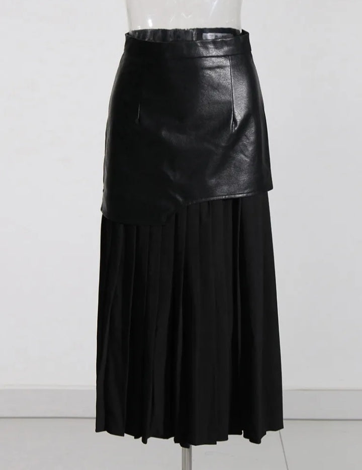 Pleated Patchwork Leather Midi High Waist Skirt