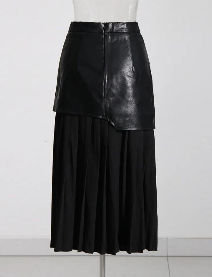 Pleated Patchwork Leather Midi High Waist Skirt