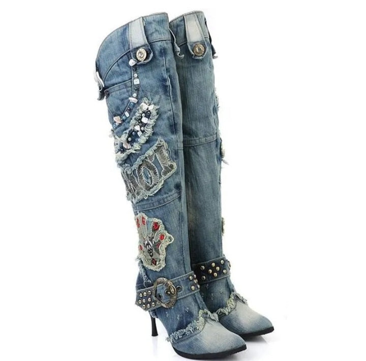 Women's High Heel Sequins and Diamond Design Denim Cowboy Style High Knee Boots