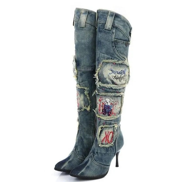 Women's High Heel Sequins and Diamond Design Denim Cowboy Style High Knee Boots