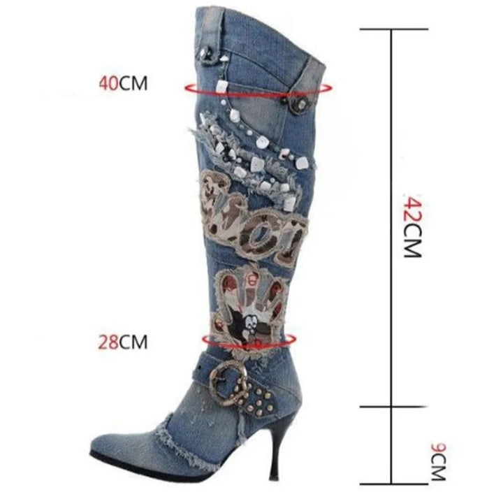 Women's High Heel Sequins and Diamond Design Denim Cowboy Style High Knee Boots