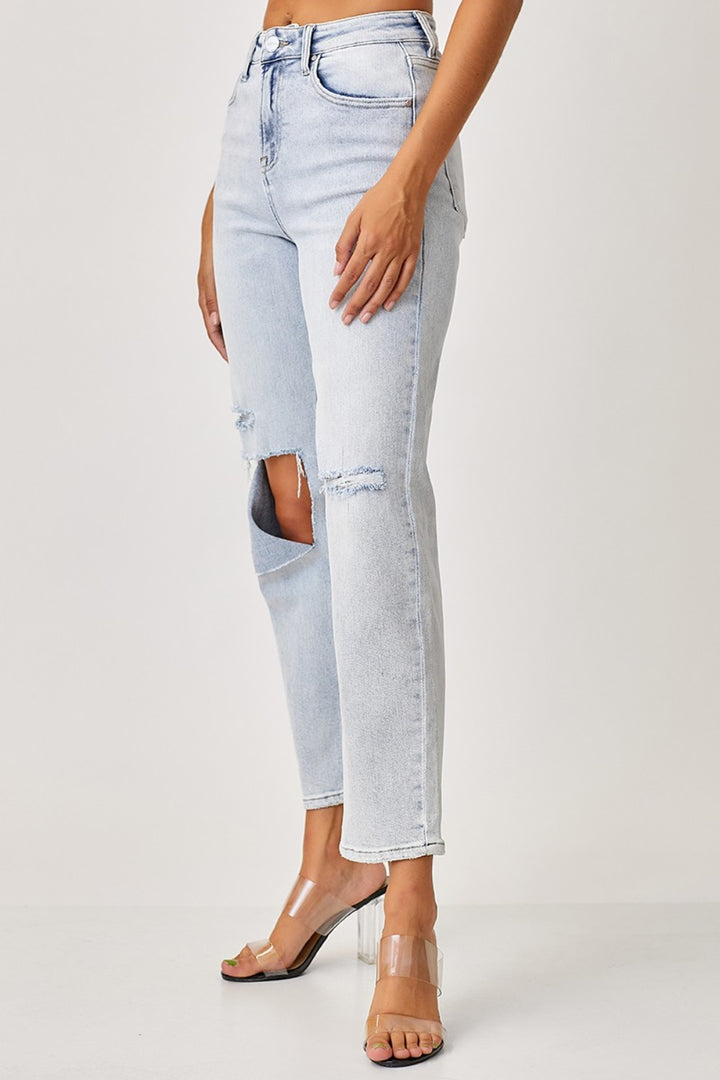 High Rise Distressed Relaxed Jeans, Light Blue
