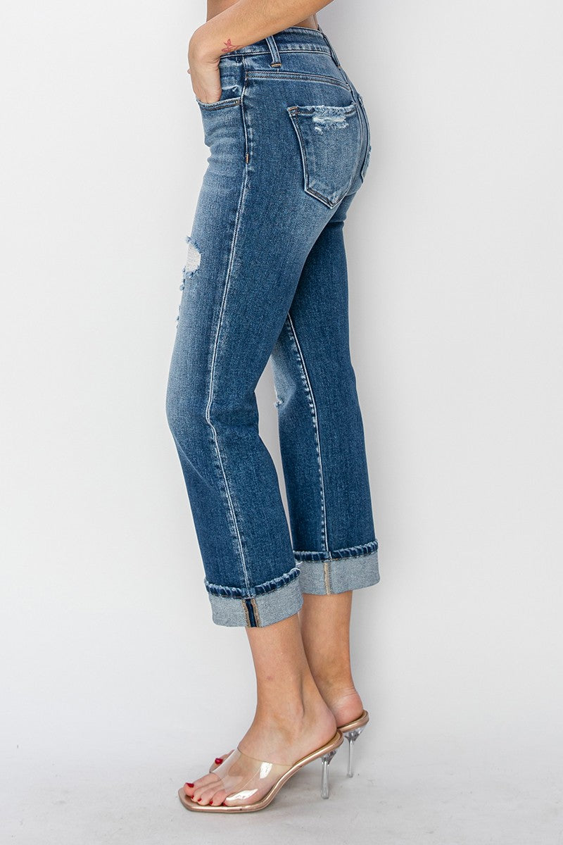 Cuffed Ankle Distressed Straight Jeans