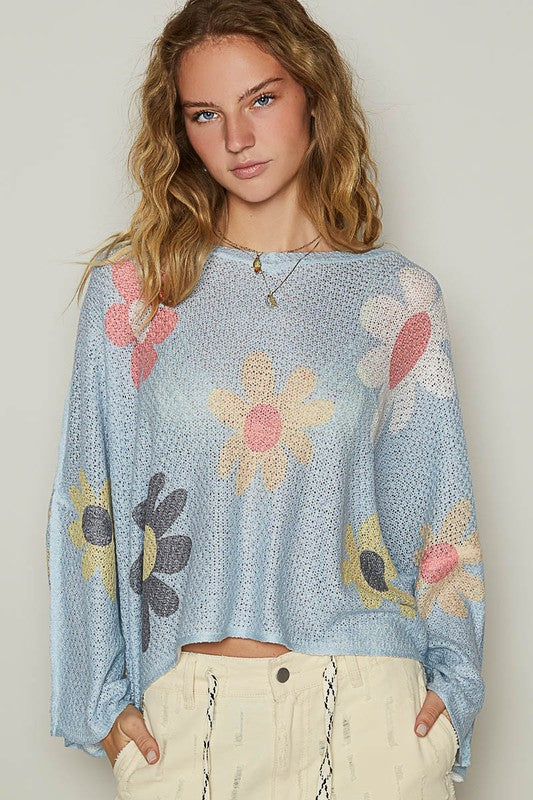 Flower Dropped Shoulder Long Sleeve Knit Top