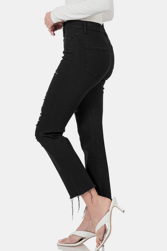 Distressed Raw Hem Cropped Jeans, Black