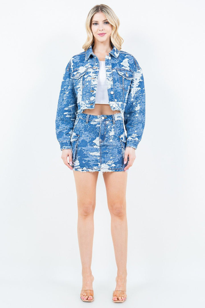 Jacquard Trim Cropped Denim Jacket