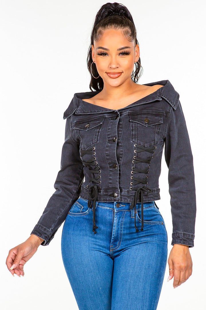 Off Shoulder Lace Up Denim Jacket