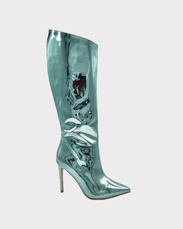 Aqua Metallic Mirror Knee High Boot - 7Kouture