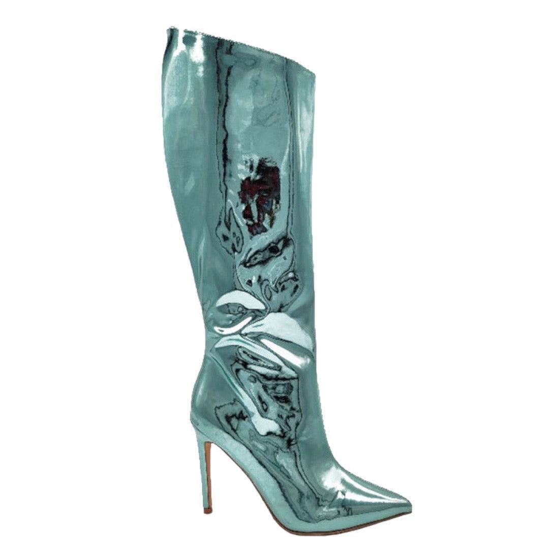 Aqua Metallic Mirror Knee High Boot - 7Kouture