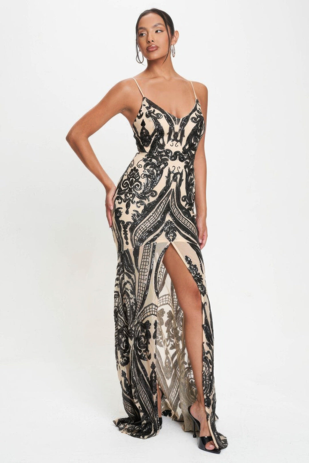 Art Deco Sequins Maxi Dress, Black