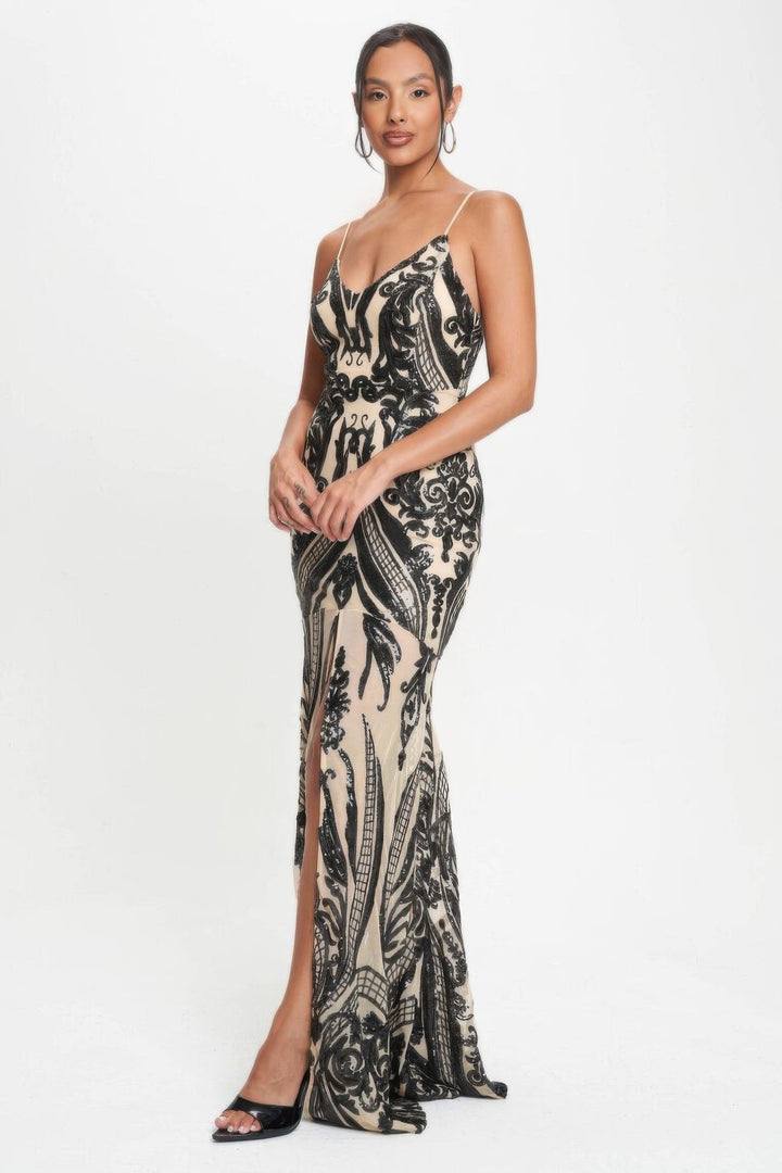 Art Deco Sequins Maxi Dress, Black