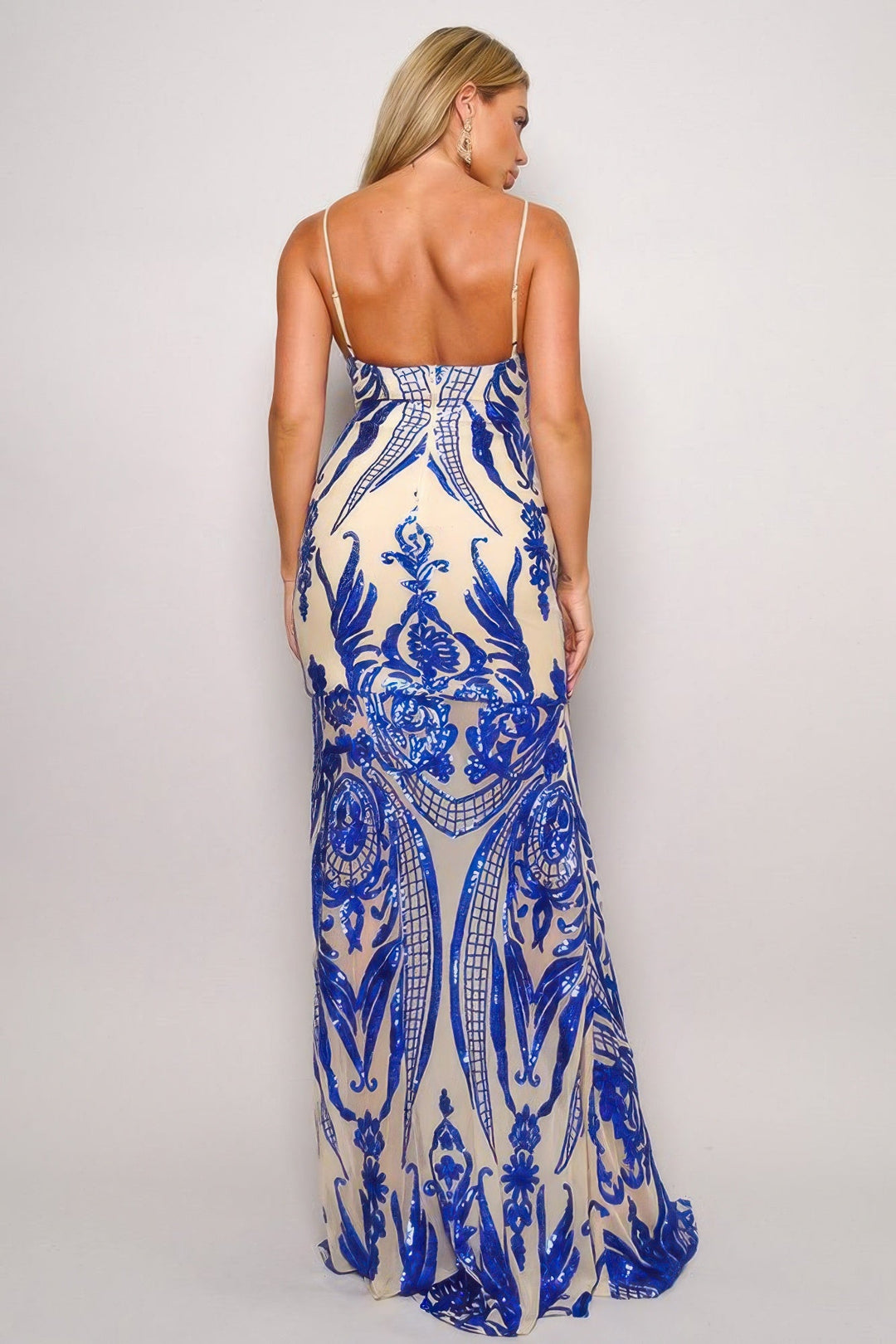 Art Deco Sequins Maxi Dress, Blue