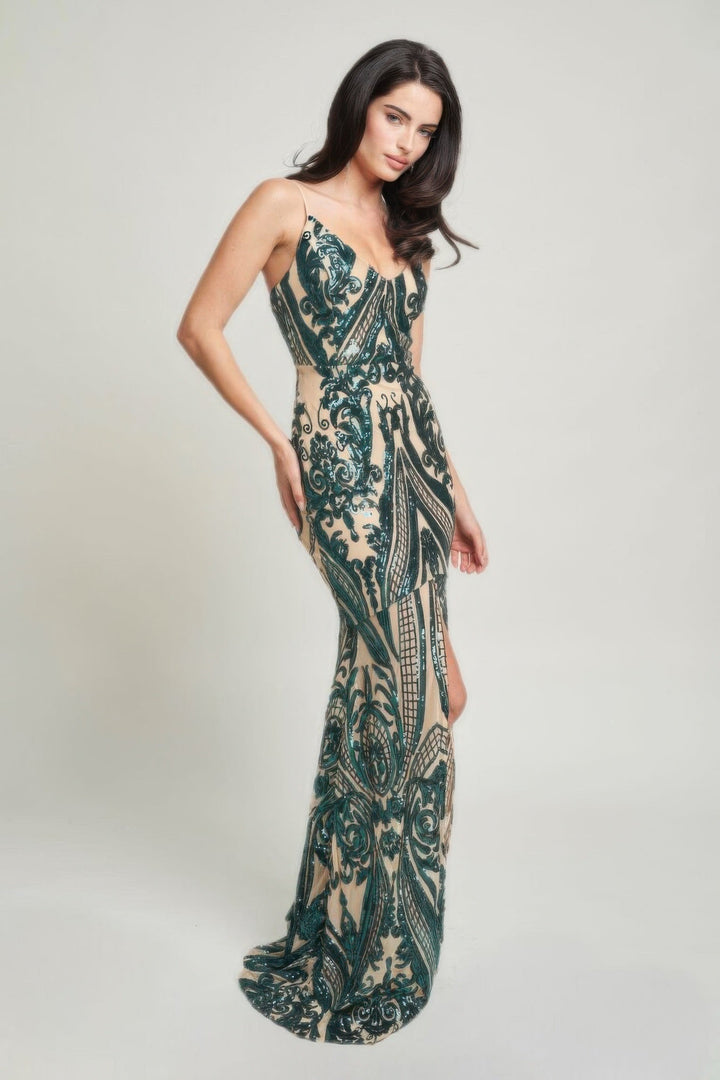 Art Deco Sequins Maxi Dress, Green