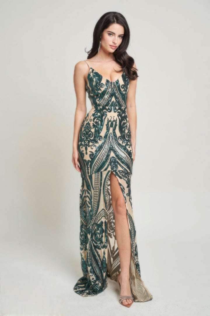 Art Deco Sequins Maxi Dress, Green