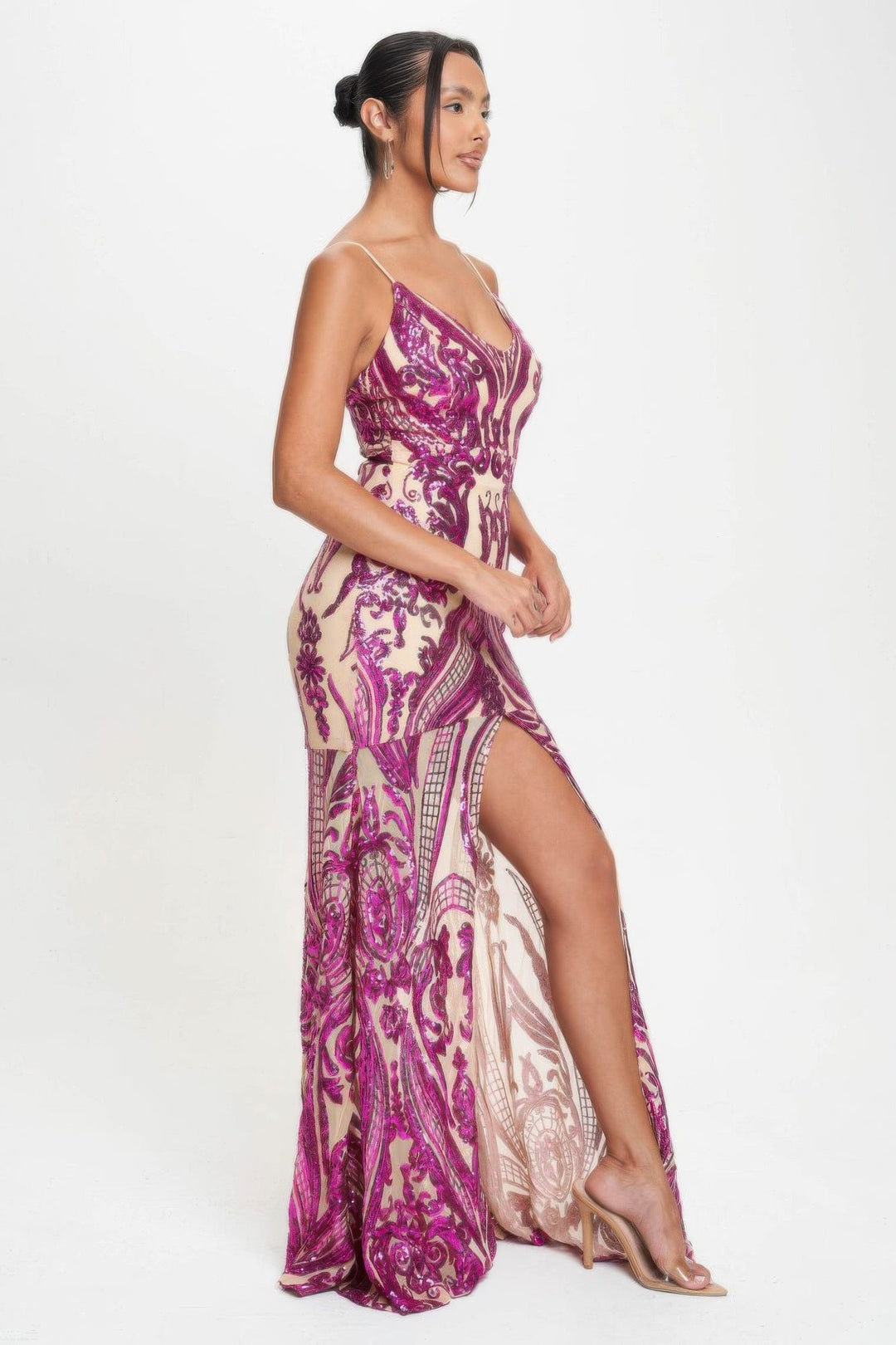 Art Deco Sequins Maxi Dress, Pink