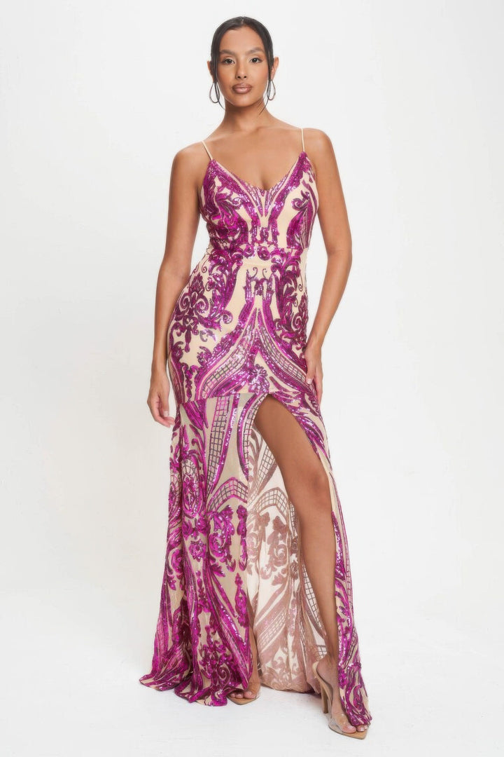 Art Deco Sequins Maxi Dress, Pink