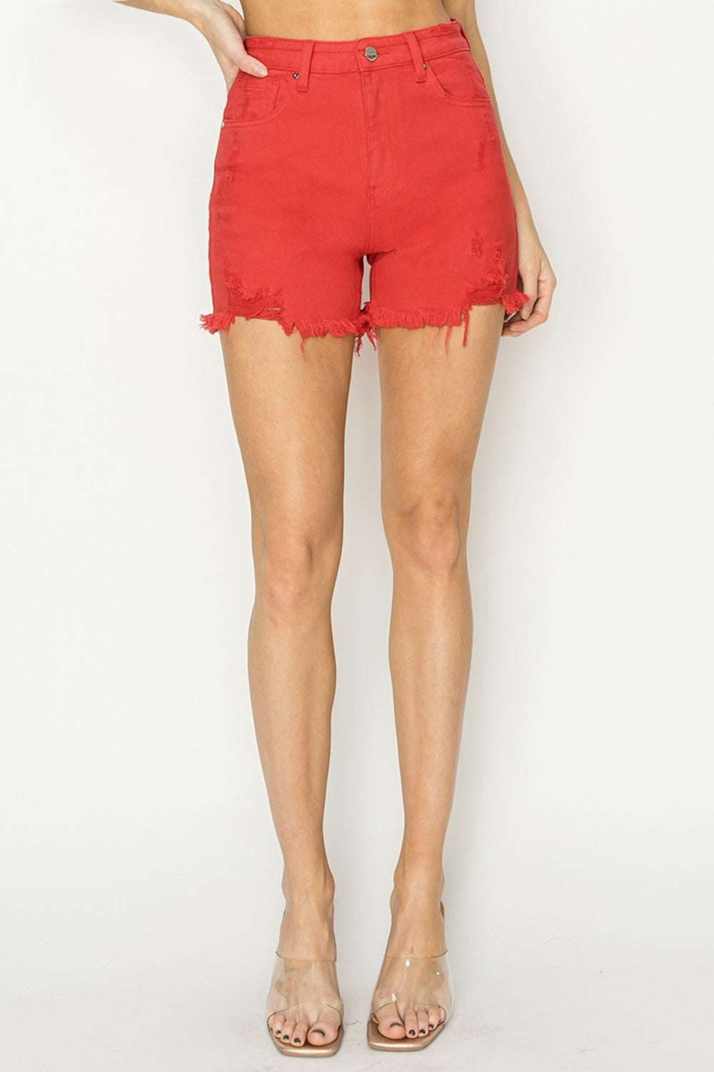 High Rise Distressed Denim Shorts, red