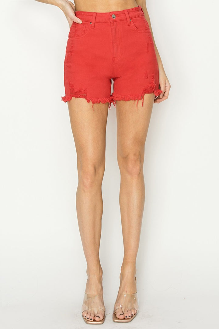 High Rise Distressed Denim Shorts, red