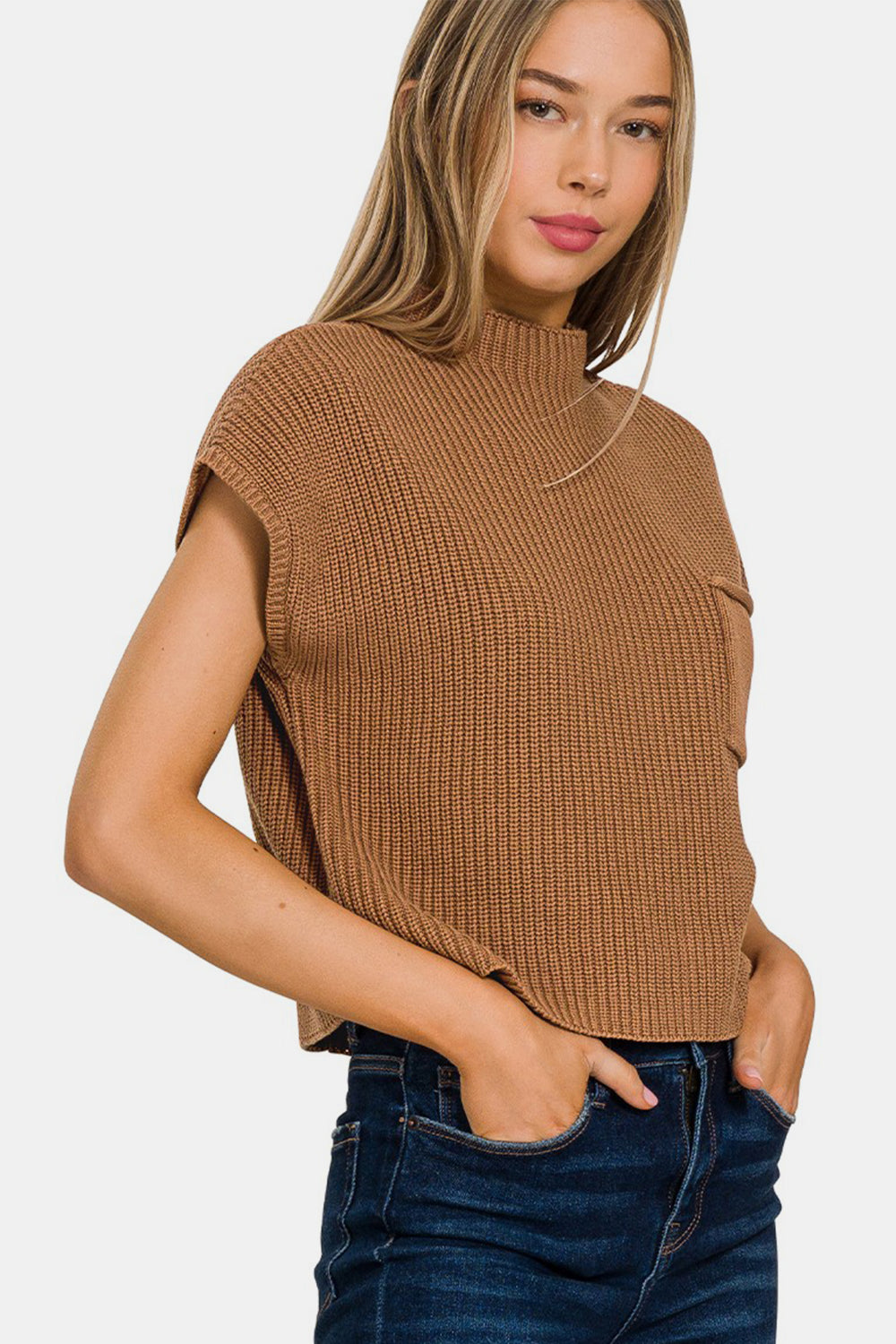Mock Neck Short Sleeve Cropped Sweater, Brown