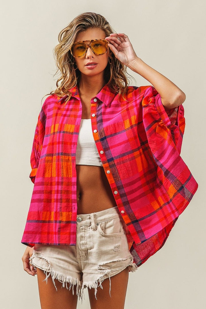 Button Up Dolman Sleeve Plaid Shirt