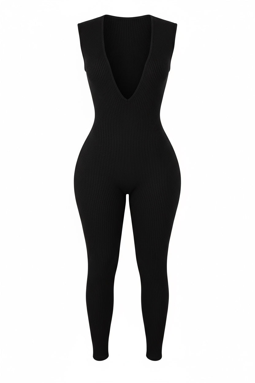 Black Deep V Cut Jumpsuit - 7Kouture