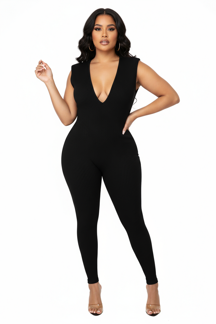 Deep V Cut Ribbed Jumpsuit - Black