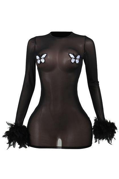 Act Bad Black Mesh & Feather Dress - 7Kouture