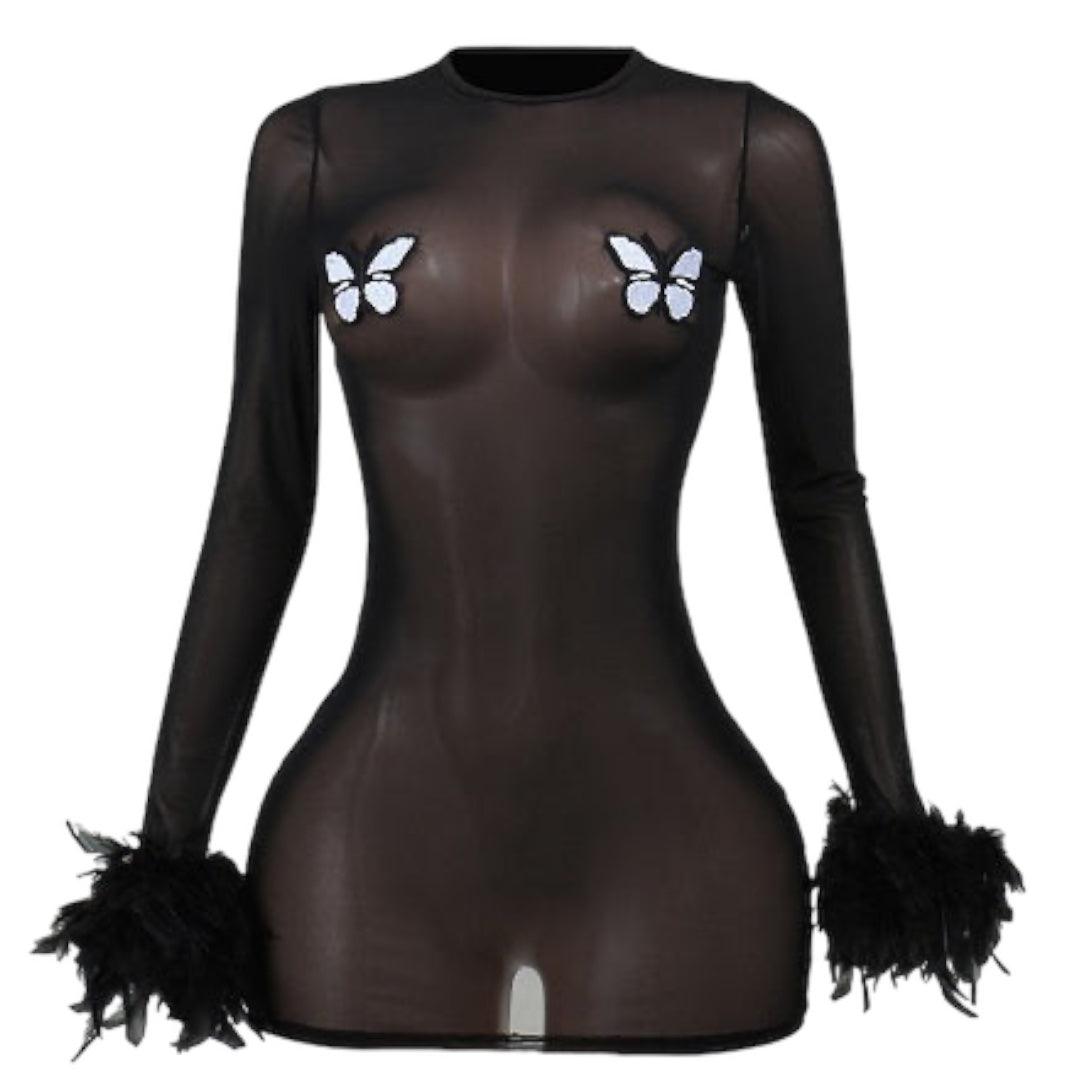 Act Bad Black Mesh & Feather Dress - 7Kouture