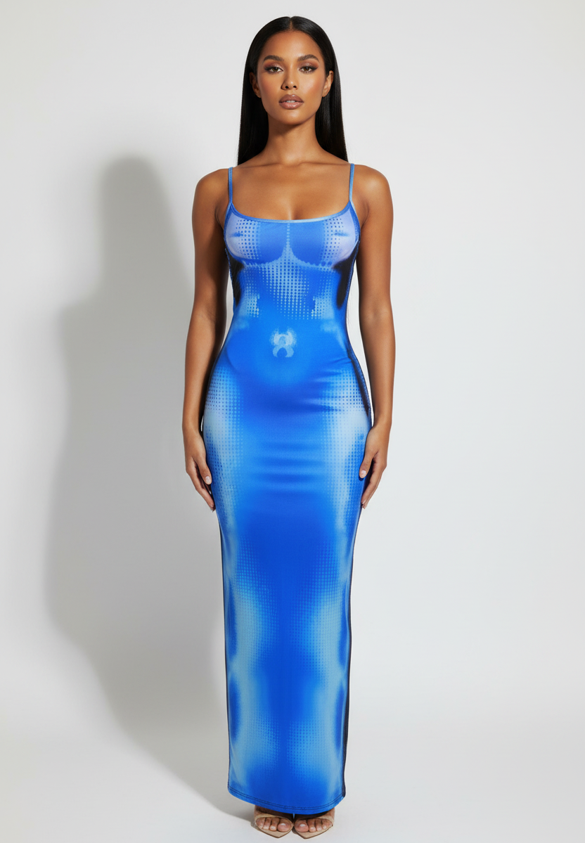 Blue Abstract Print Maxi Dress