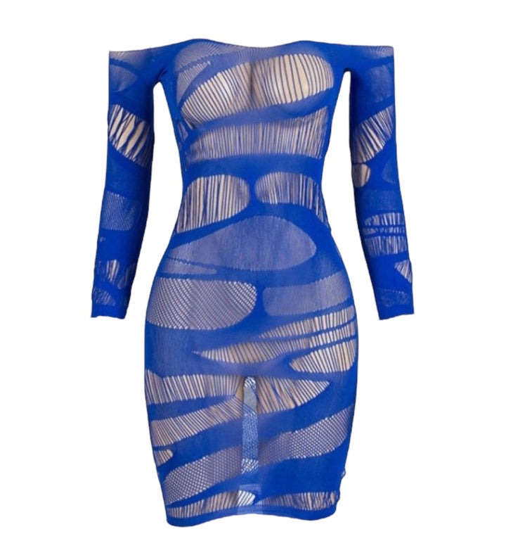 Blue hollow out see through dress