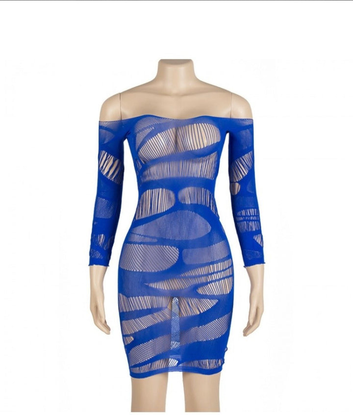 Blue hollow out see through dress