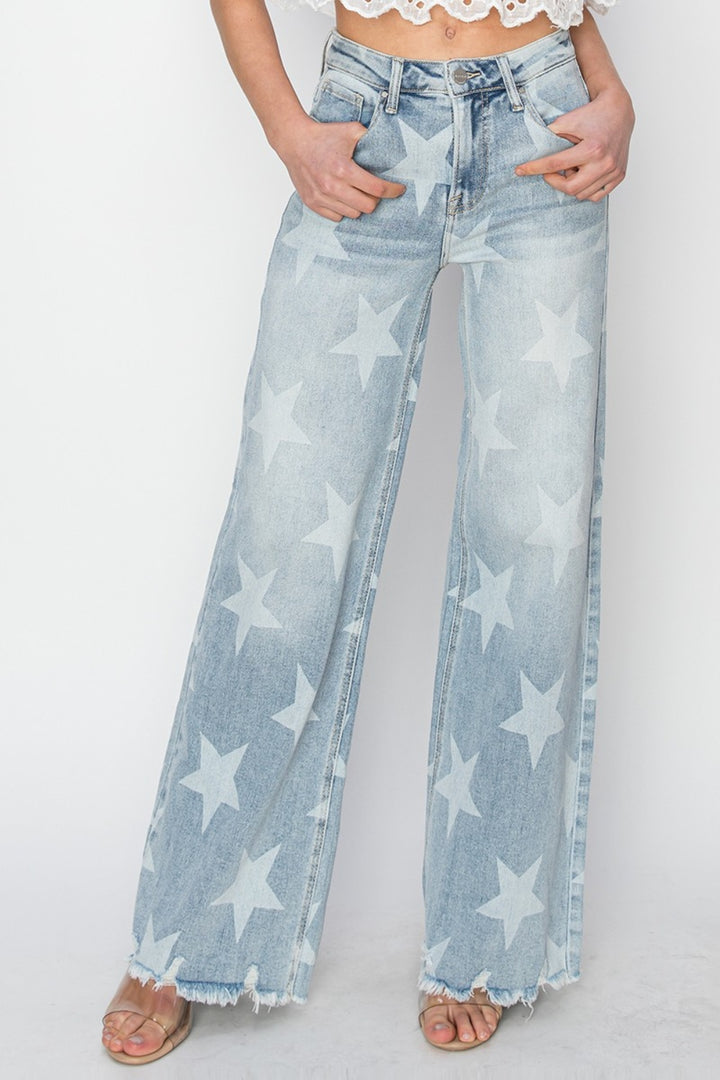 Full Size Raw Hem Star Wide Leg Jeans, Light Blue