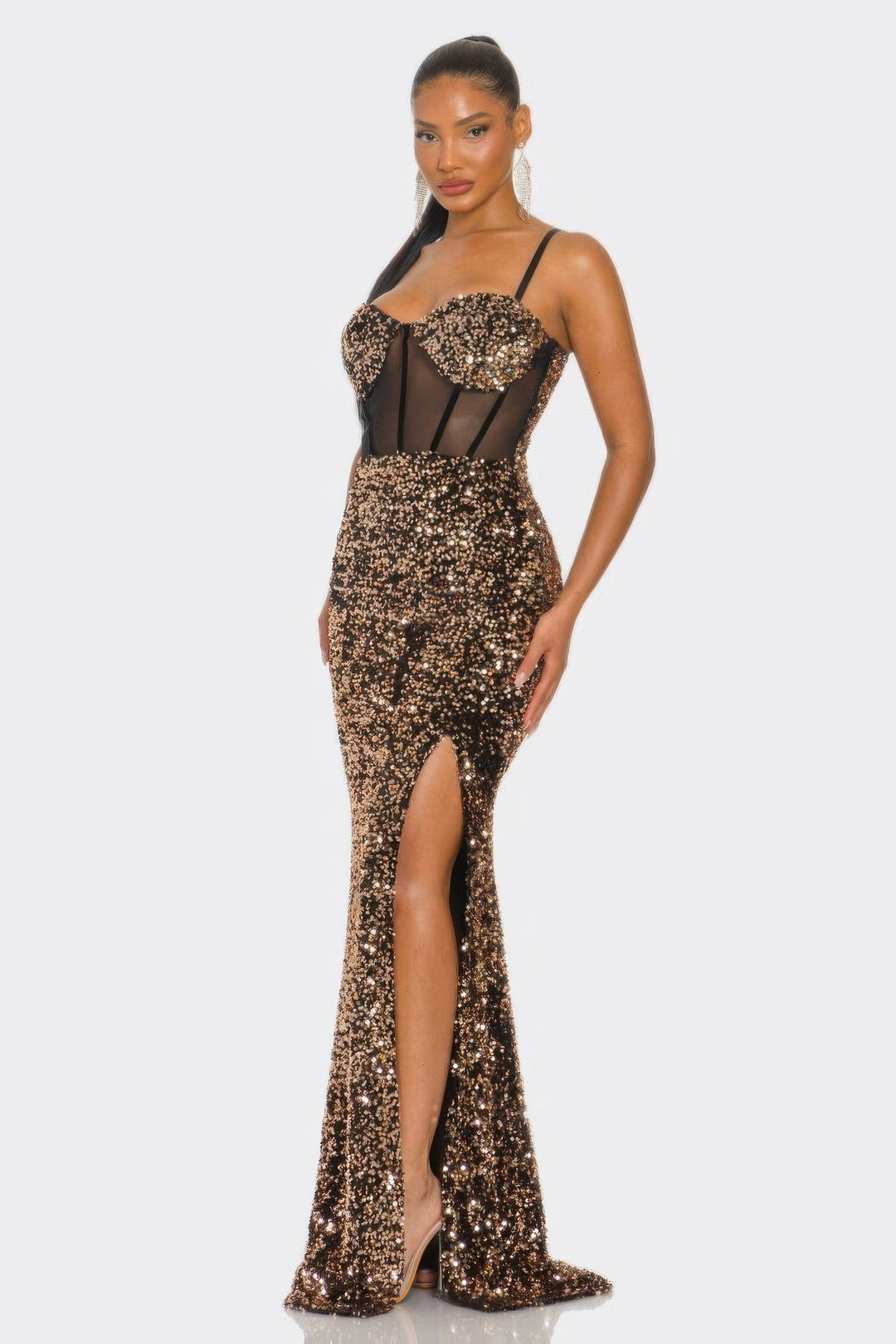 Cecily Teddy Velvet Corset Maxi Dress, Gold