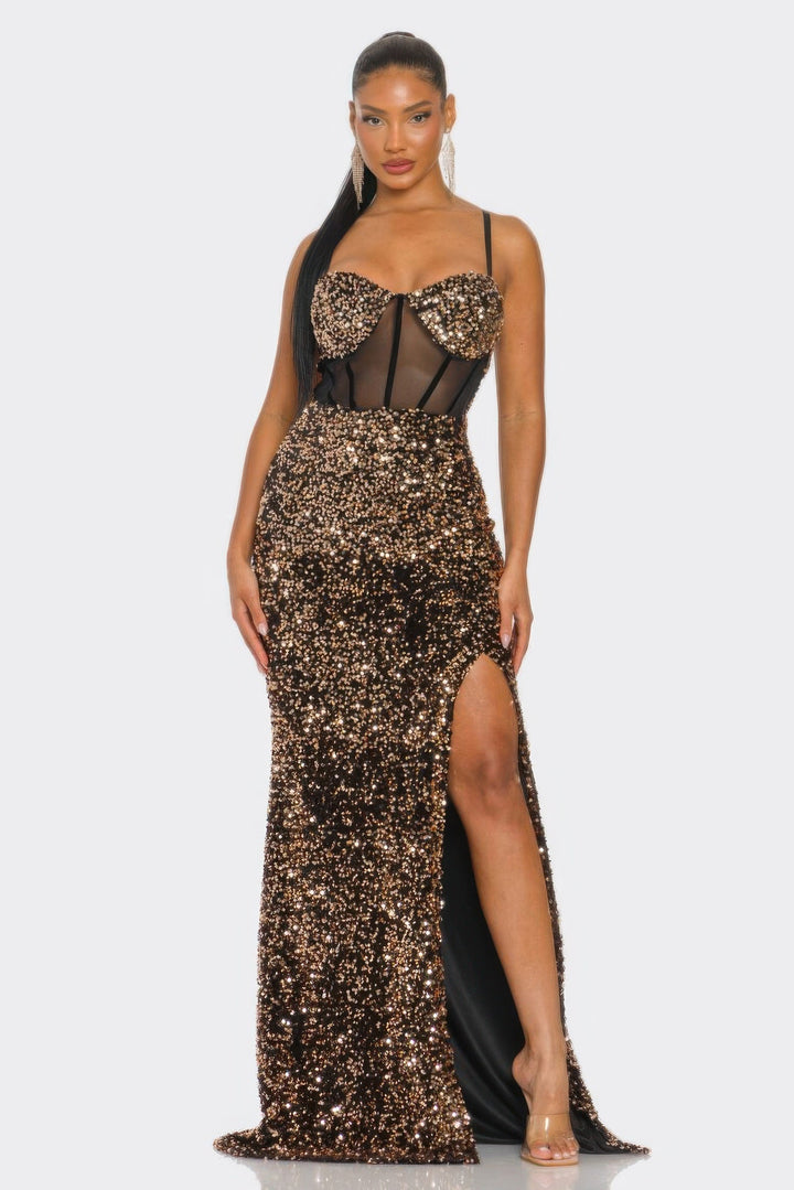 Cecily Teddy Velvet Corset Maxi Dress, Gold