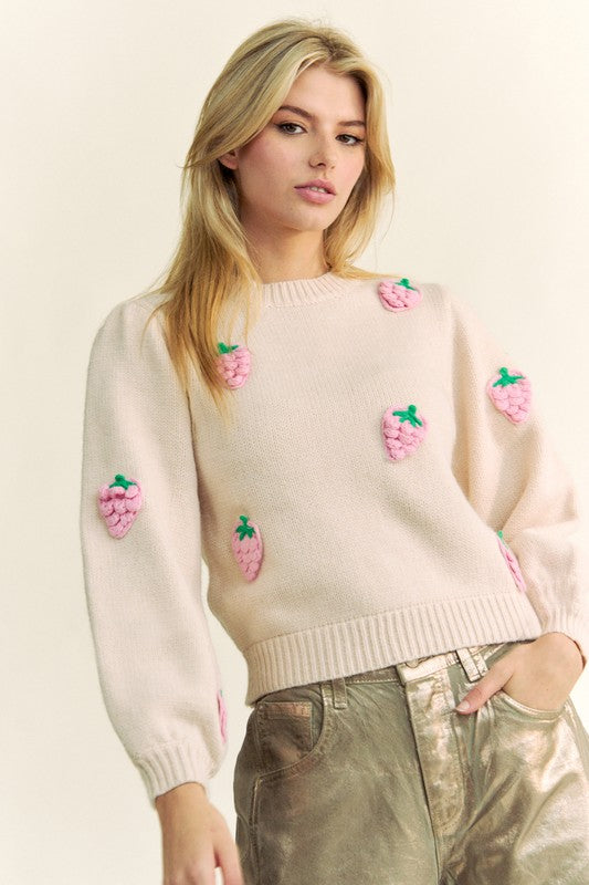 Crochet Strawberry Round Neck Sweater